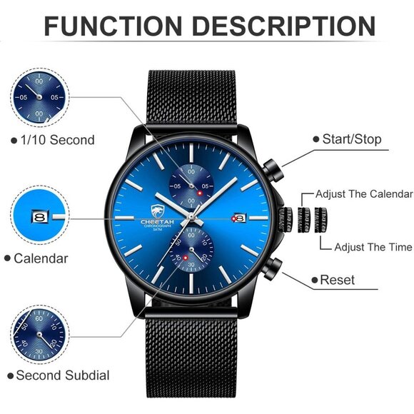 ⚡Black Men’s Watch Fashion Sport Quartz Analog Mesh Stainless Steel Waterproof - Picture 3 of 7